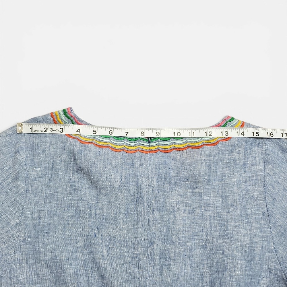 Boden Laura Linen Embroidered Shift Dress Chambray Blue Rainbow Multicolor 10R - Picture 12 of 13